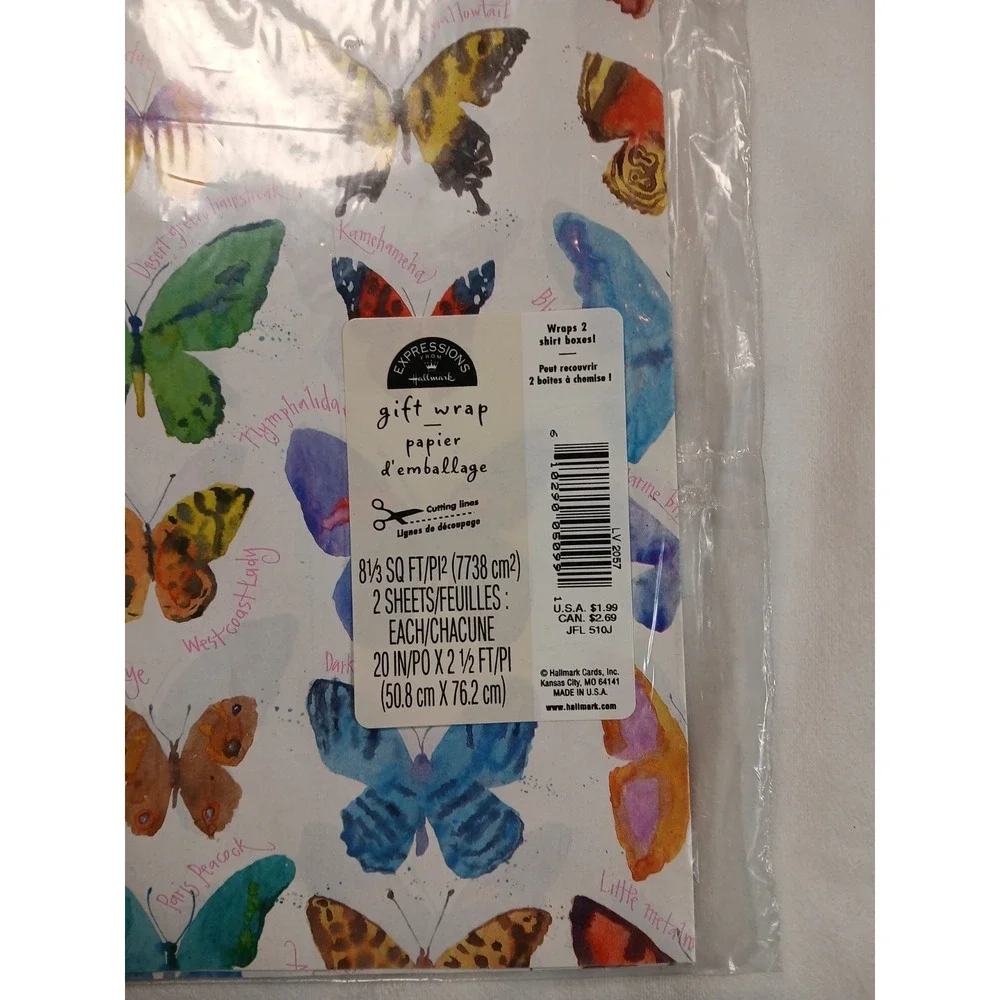 Vintage‎ Butterfly Gift Wrap Paper Butterflies on White Watercolor 2 Sheets NEW